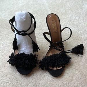 Aquazzura Black Suede Fringe Heels